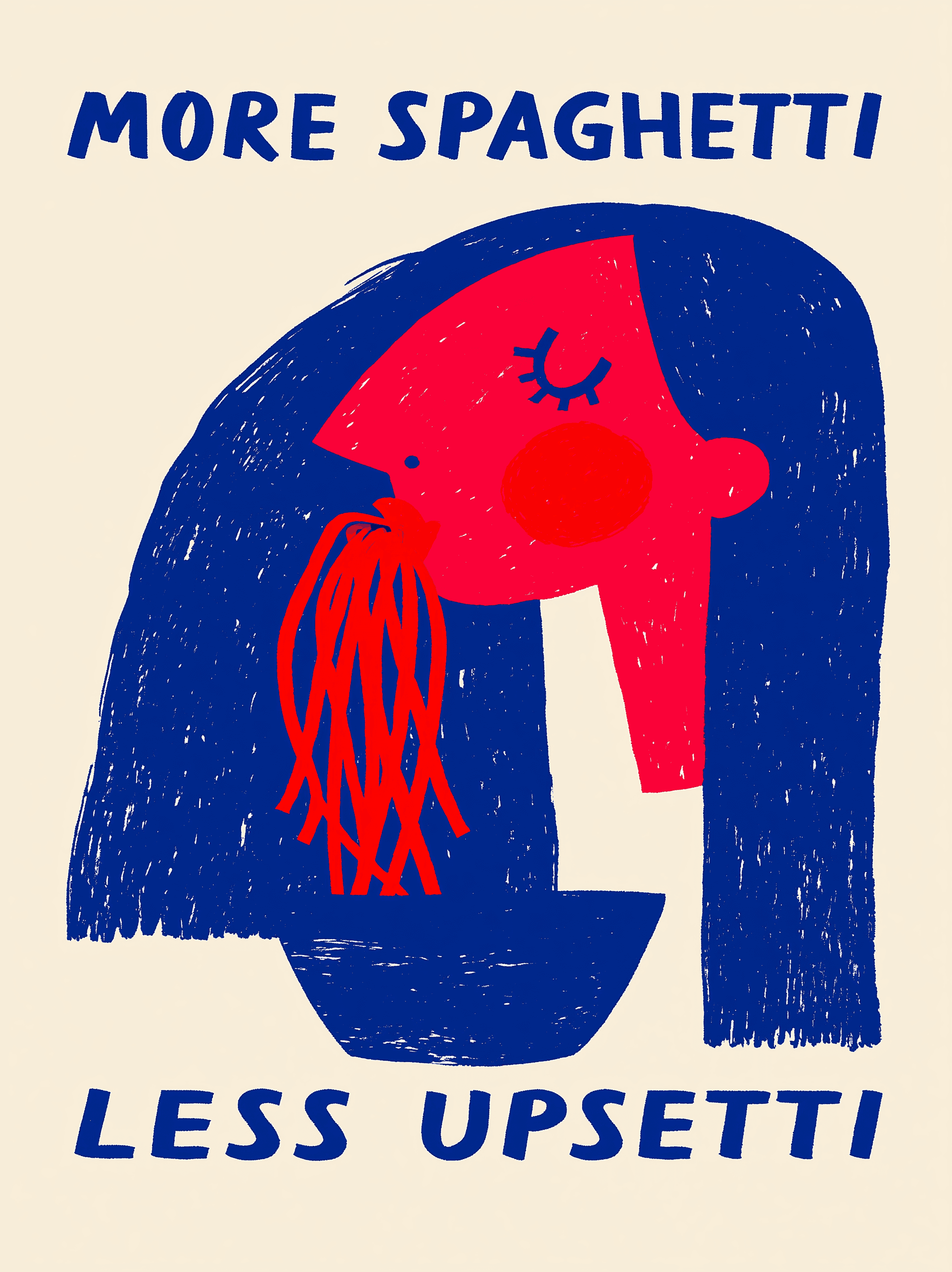 Graphic poster illustration with blue hair and red spaghetti