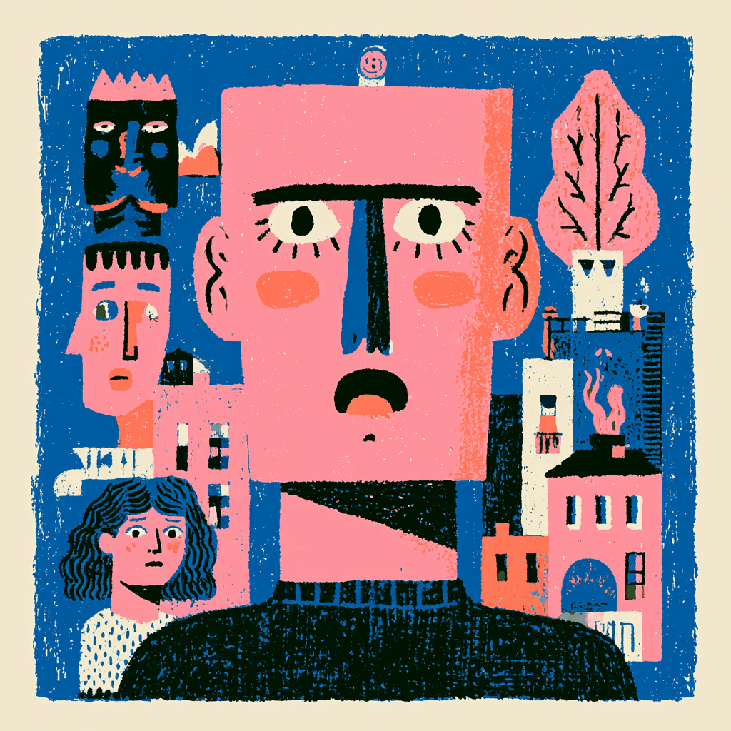 Pink and blue folk-art style face illustration