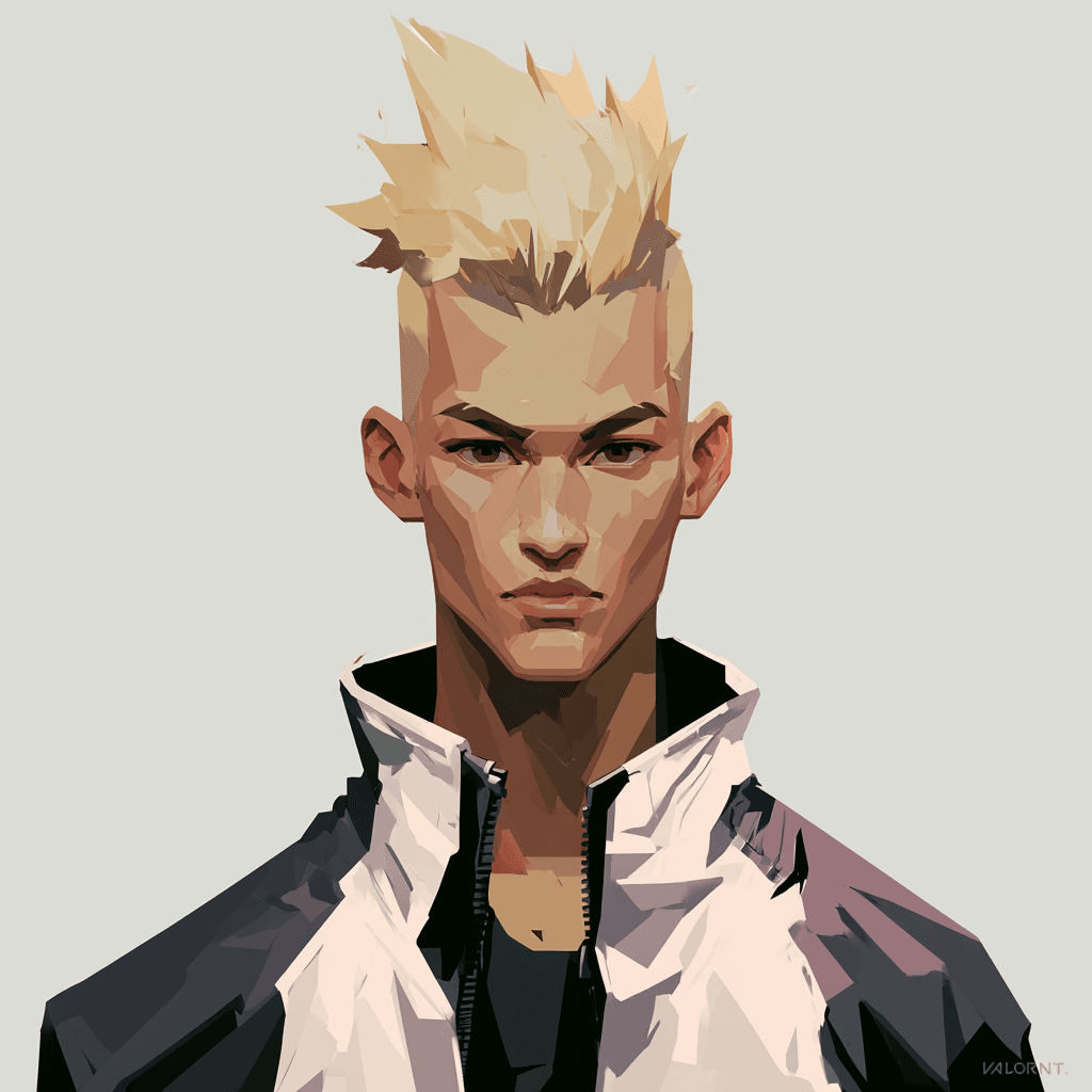 Stylized portrait with pale blond hair and a high-collar jacket