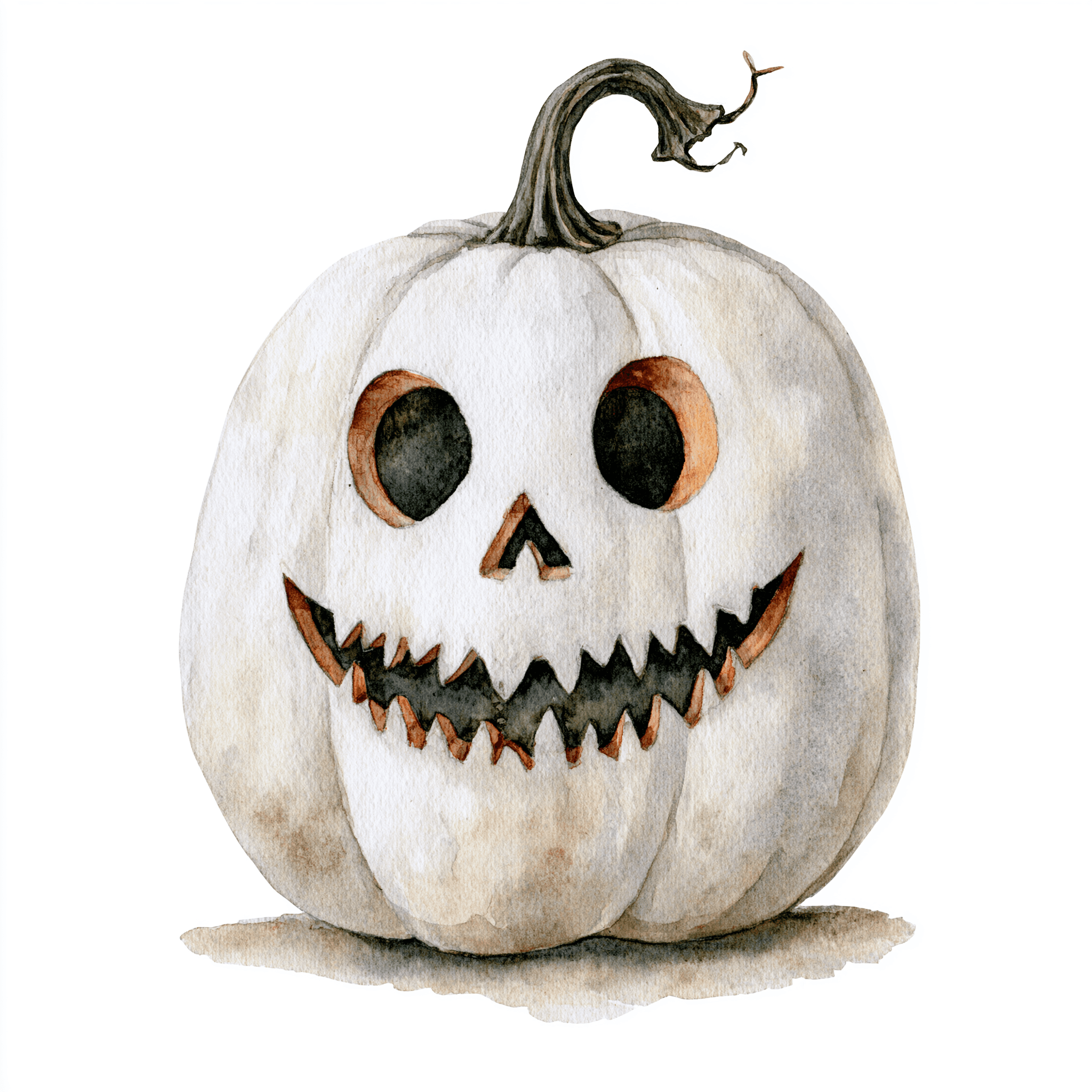 Watercolor white pumpkin with a carved face