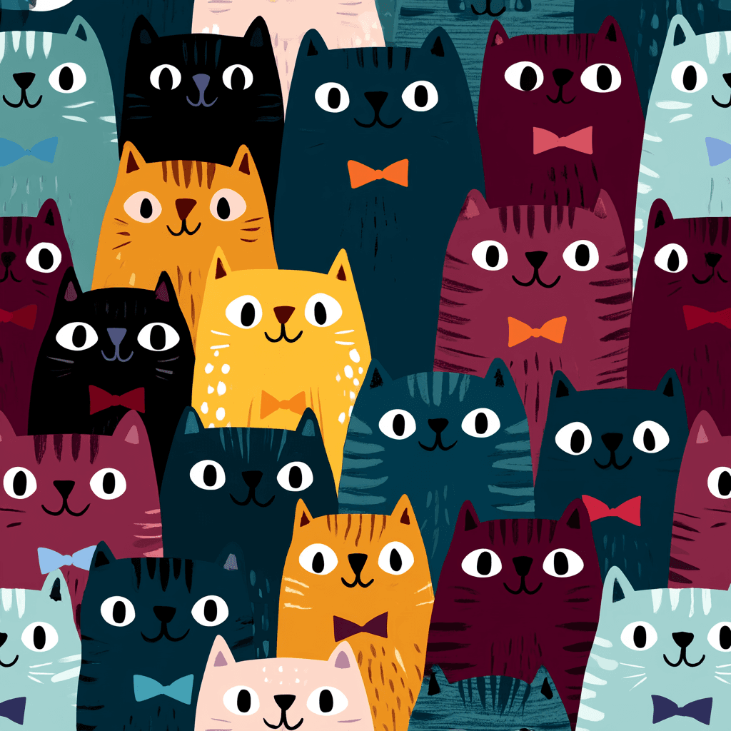 Pattern of colorful cat illustrations